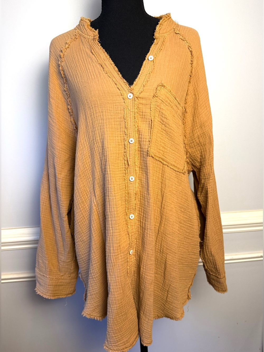 Aerie Gauze Button Front Tunic Top Camel Boho Raw Hem Oversized XS